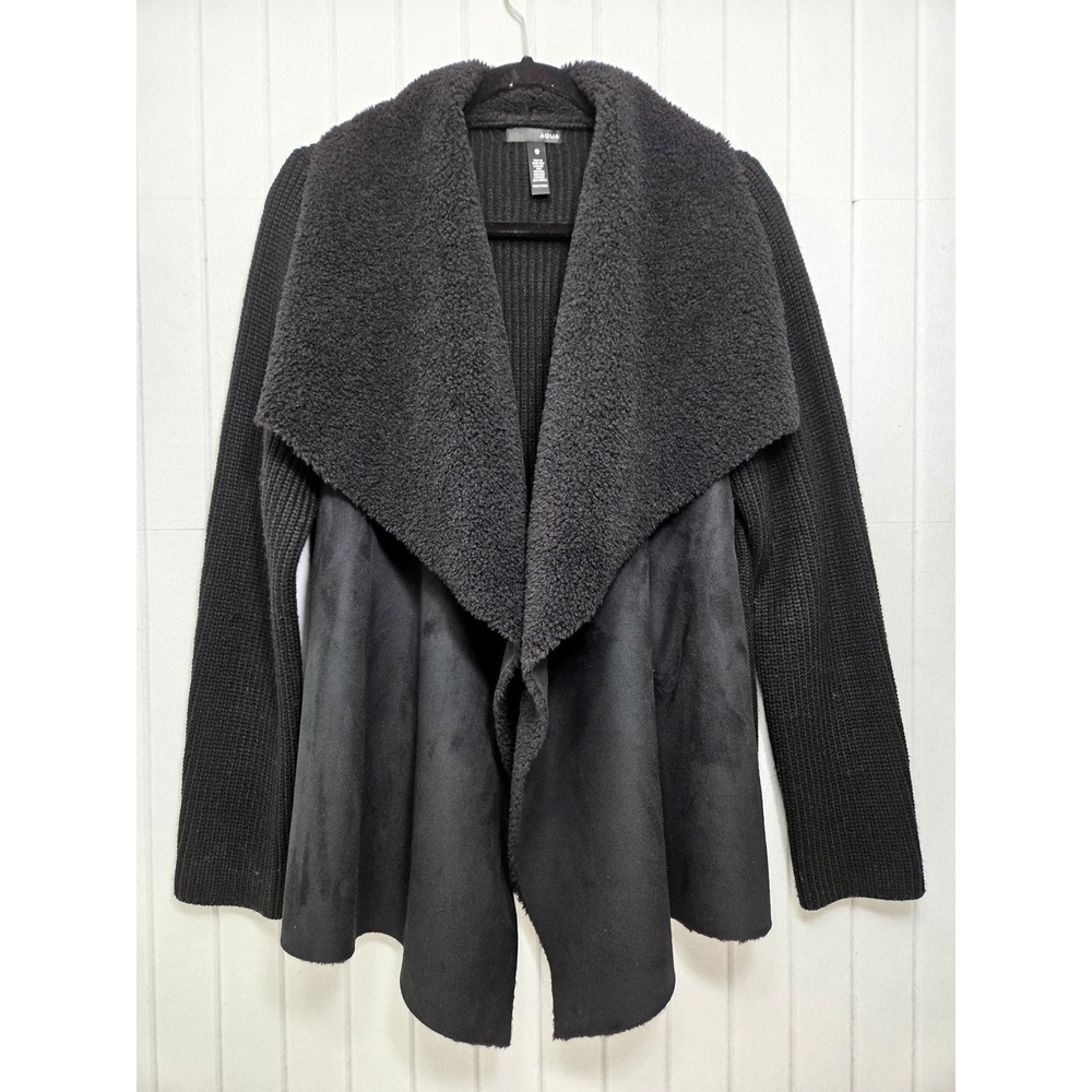 AQUA Womens Black Faux Fur Suede Knit Mixed Media Cardigan Jacket Large L